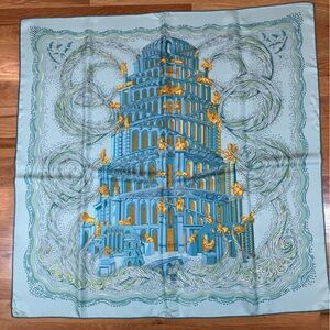 Hermes Scarf LES RIVIERES DE BABEL 90 cm silk light blue Carre tower river 35"